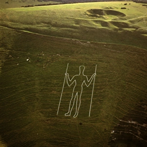 South Downs Prints: Aerial image of the Long Man of Wilmington, Wilmington, East Sussex, England
