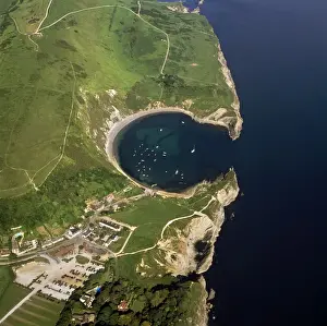 Aerial image of Lulworth Cove, a natural landform harbour, near West Lulworth