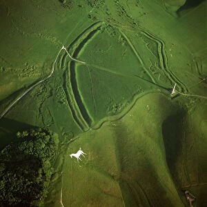 Fort Collection: Aerial image of Oldbury Camp Hill Fort with Cherhill White Horse, Cherhill Down