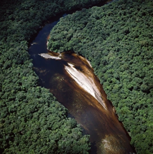 Aerial image of river bend and sandbars in the Paikwa River, Upper Mazaruni District