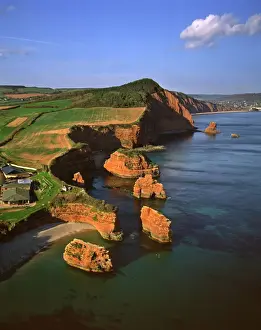 View From Above Prints: Aerial image of Rock Stacks, Otter Sandstone of Triassic age, Ladram Bay