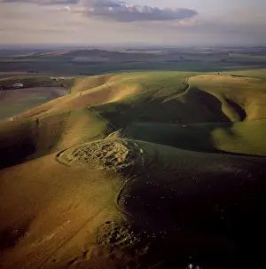 Enclosure Prints: Aerial image of Rybury Camp, an Iron Age hill fort with Neolithic causewayed enclosure