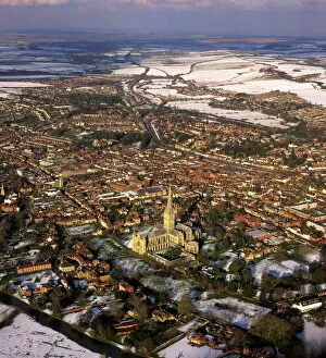 Wiltshire Collection: Aerial image of Salisbury Cathedral and city in snow, Salisbury, Wiltshire