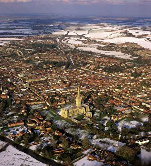 View From Above Prints: Aerial image of Salisbury Cathedral and city in snow, Salisbury, Wiltshire