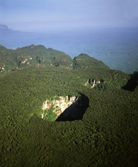 Venezuela Prints: Aerial image of tepuis and Sarisarinama Sinkhole, Jaua-Sarisarinama National Park