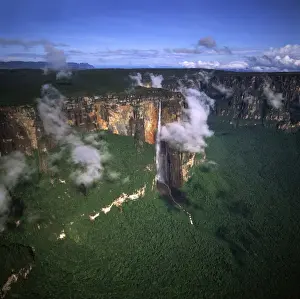 Venezuela Prints: Aerial image of tepuis showing Angel Falls and Mount Auyantepui (Auyantepuy)