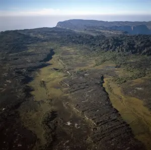 Venezuela Prints: Aerial image of tepuis showing swamps and rock labyrinths on summit plateau in Brazilian