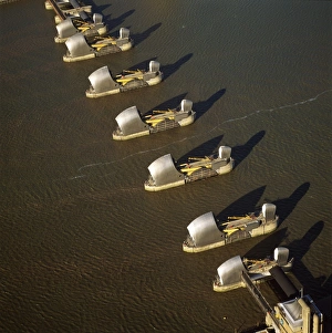 Barrier Prints: Aerial image of the Thames Flood Barrier across the River Thames, Woolwich Reach