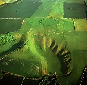 Aerial image of the Uffington White Horse with Uffington Castle hill fort