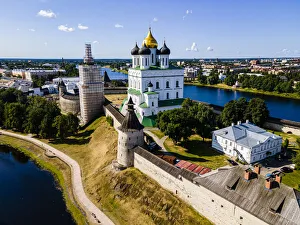 Aerial of the Kremlin and the Trinity Cathedral in Pskov, UNESCO World Heritage Site