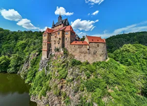 Aerial of Kriebstein Castle, on the Zschopau River, Kriebstein, Saxony, Germany, Europe