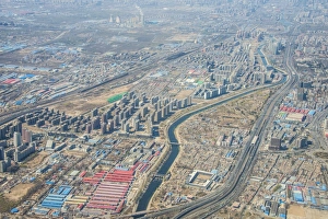 Urban Sprawl Prints: Aerial of the landscape and an industrial settlement around Bejing, China, Asia