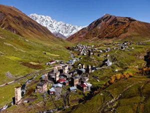 Ushguli Prints: Aerial landscape view of Ushguli, with Mount Shkhara, Ushguli, Mestia, Svaneti