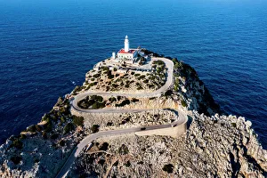 Towers Prints: Aerial of the lighthouse at the Cap de Formentor, Mallorca, Balearic Islands, Spain