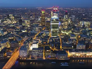 Aerial London Cityscape dominated by Walkie Talkie tower at dusk, London, England, United Kingdom, Europe