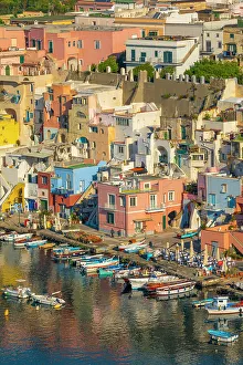 Aerial of Marina di Corricella, Procida, Flegrean Islands, Campania, Italy, Europe