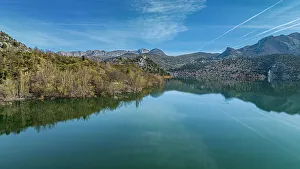 Asturias Prints: Aerial of the mountains and Embalse de Luna lake, Asturias, Spain, Europe