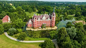 Saxony Prints: Aerial of Muskau Castle, Muskau (Muskauer) Park