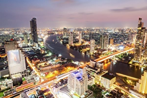 Bustling Prints: Aerial night view of Bangkok City skyscrapers, Bangkok, Thailand