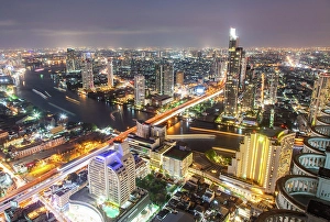 Bustling Prints: Aerial night view of Bangkok City skyscrapers, Bangkok, Thailand