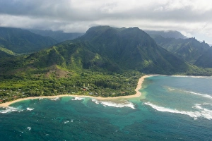 Aerial of the north shore of the island of Kauai, Hawaii, United States of America, Pacific