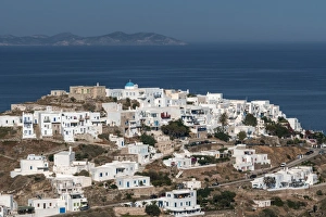 Sifnos Prints: Aerial overview of Kastro Village, with island of Antiparos in background, Sifnos