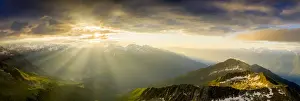 Lombardy Prints: Aerial panoramic of Bernina mountain range and Pizzo Scalino lit by sunrise, Valmalenco