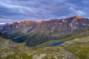 Gavia Pass Prints: Aerial panoramic of Cima di Pietrarossa and Lago Nero at dawn, Gavia Pass, Valcamonica