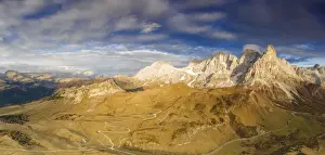 Mountain Pass Prints: Aerial panoramic of Cimon della Pala and Castellaz in autumn, Pale di San Martino