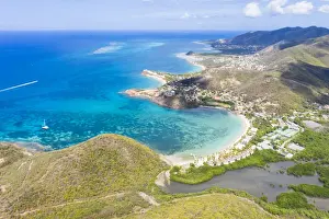Aerial panoramic by drone of Carlisle Bay Beach and Caribbean Sea, Antigua, Antigua