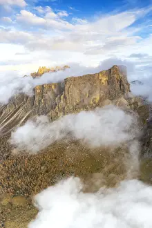 Drone Shot Prints: Aerial panoramic by drone of Lastoi De Formin and Cima Ambrizzola at sunset in autumn