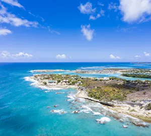 Long Bay Prints: Aerial panoramic by drone of Long Bay, Devils Bridge and The Verandah resort