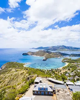 Antigua Barbuda Prints: Aerial panoramic by drone of Shirley Heights towards Galleon Beach and English Harbour