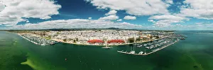 Aerial panoramic drone view of Olhao, officially known as Olhao da Restauracao, a city and municipality in the Algarve region, southern Portugal, Europe