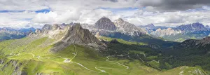 Mountain Pass Prints: Aerial panoramic of Giau Pass, Ra Gusela, Nuvolau, Averau and Tofane mountains in summer