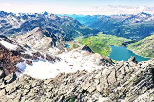 Valtellina Prints: Aerial panoramic of lake Montespluga and Pizzo Suretta mountain peak