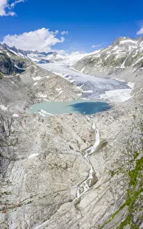 Valais Prints: Aerial panoramic of Rhone Glacier and glacial lake at its base, Gletsch, Canton of Valais
