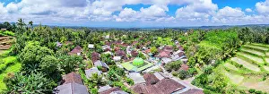 Bali Prints: Aerial panoramic of the rural village of Licin surrounded by terraced fields