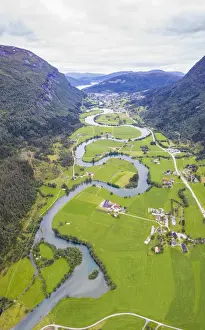 Grasslands Prints: Aerial panoramic of serpentine shape of Stryneelva river, Stryn, Nordfjorden, Sogn