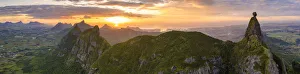 Port Louis Prints: Aerial panoramic of sunset over Le Pouce and Pieter Both mountains, Moka Range, Port