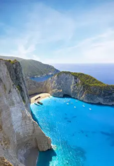 Shipwreck Prints: Aerial panoramic view of cliffs surrounding the idyllic Navagio Beach (Shipwreck Beach)