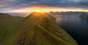Funningur Fjord Prints: Aerial panoramic view of Funningur fjord at sunrise