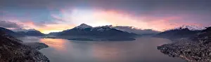 Lake Como Prints: Aerial panoramic view of Gravedona and Domaso towns on shores of Lake Como at sunrise