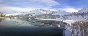 Engadine Prints: Aerial panoramic view of Lake Sils and Plaun da Lej during winter, Maloja Region