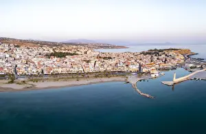 Rethymno Prints: Aerial panoramic view of the old Venetian harbor and medieval town of Rethymno at sunrise