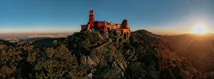 Aerial panoramic view of Pena Palace, a romanticist castle in the Sintra mountains of Portugal - UNESCO World Heritage Site