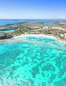 Oceans Gallery: Aerial panoramic of white sand beach and coral reef, Long Bay, Antigua and Barbuda