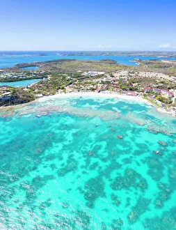 Oceans Gallery: Aerial panoramic of white sand beach and coral reef, Long Bay, Antigua and Barbuda