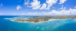Aerial panoramicby drone of Long Bay, Devils Bridge and The Verandah resort, Antigua