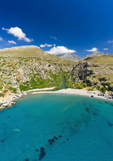 Traditionally Greek Prints: Aerial photo by drone of Preveli beach, Retymno, Crete Island, Greek Islands, Greece